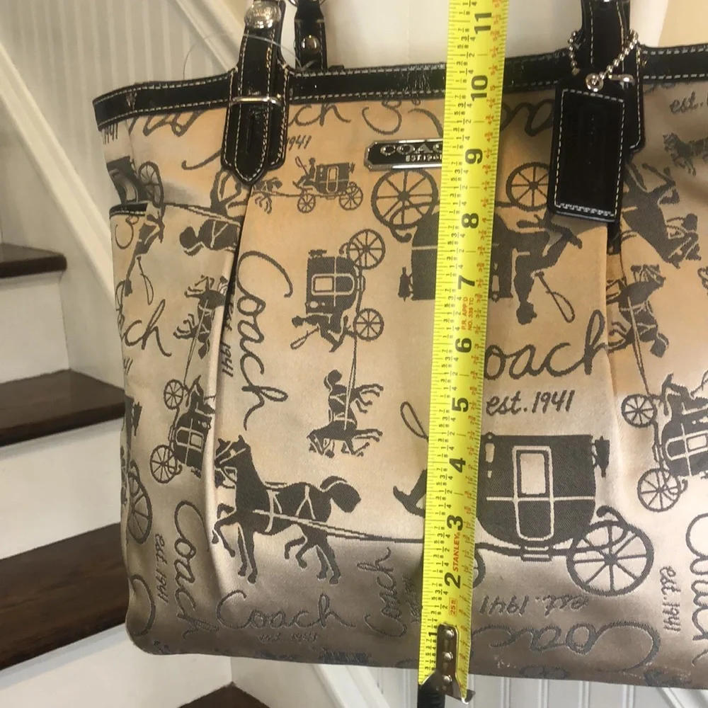COACH Vintage Horse & Carriage Tan Satin Shoulder Bag  Black Leather Straps